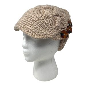 J. Crew Womens Cable Knit Wool Hat Tan Beanie Winter Basketweave Brim